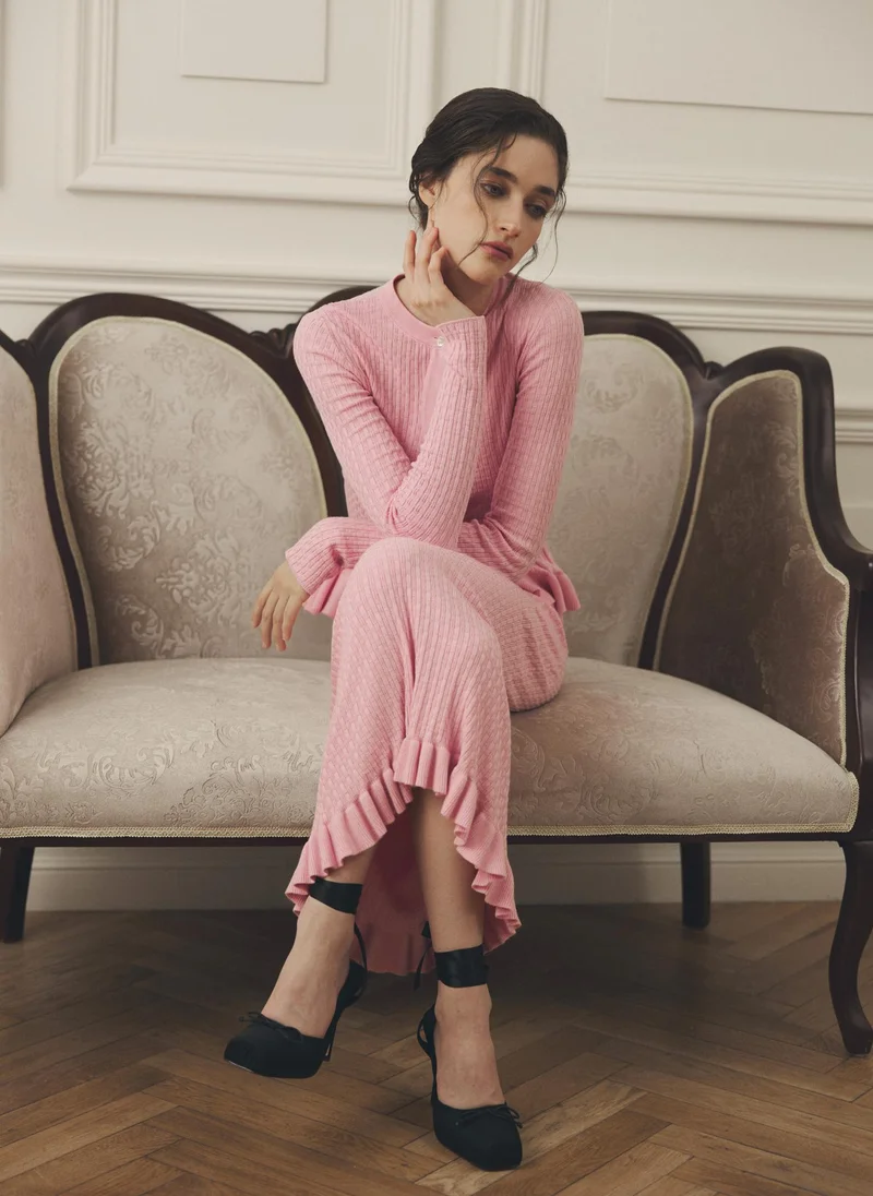 Lichi  Straight textured-knit midi skirt with ruffles for Women | Best Price UAE